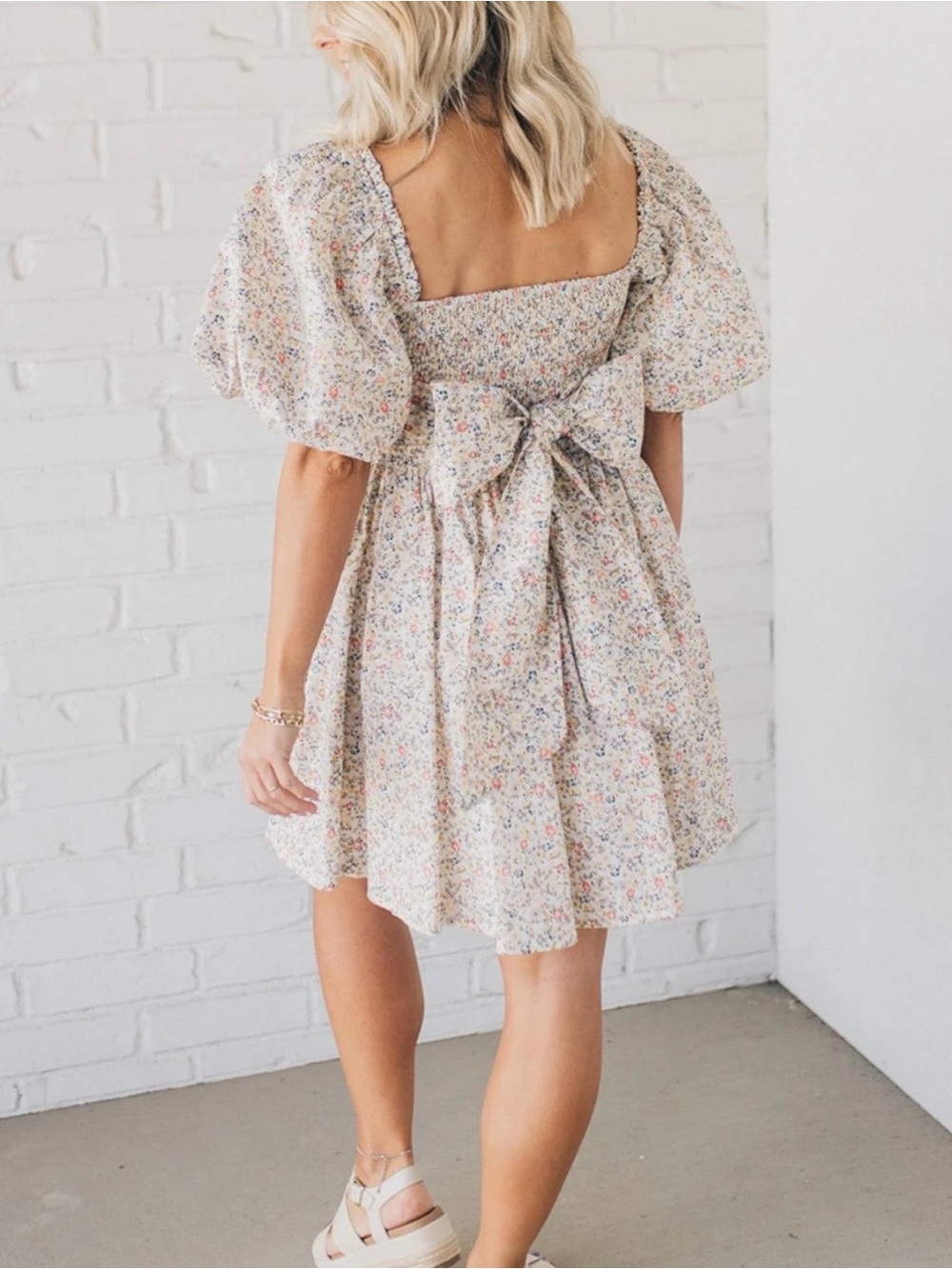 Floral Puff-Sleeve Mini Dress with Bow Back - Cream Floral